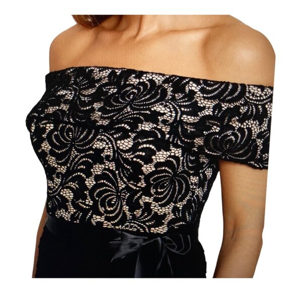 NWT Betsy & Adam Petite Lace-Top Off-The-Shoulder Gown Black SZ 14P - Picture 5 of 10
